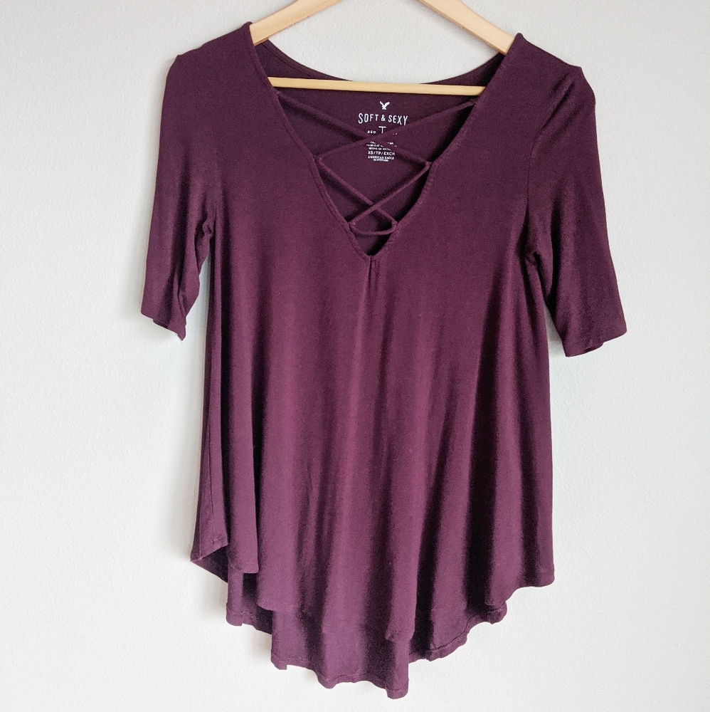 AE Soft & Sexy Tee Cross Front Maroon